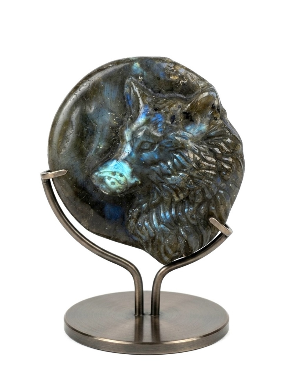 New Artisan Hand Carved Flash Labradorite Wolf Head Palm Stone 29.2g OOAK